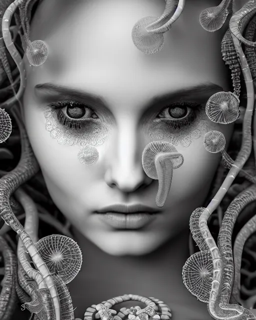 Image similar to mythical dreamy underwater artistic black and white 3 d render of a translucent beautiful young female angelic - medusa - vegetal - doll, highly detailed, intricate crystal ivy jelly ornate, poetic, translucent algae ornate, digital art, octane render, 8 k artistic photography, photo - realistic, hg giger flora borsi