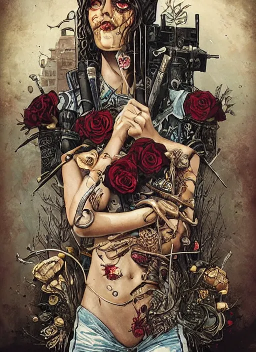 Image similar to tarot card :: horror :: hearts and roses :: aliens and sea :: cigarettes and smoke :: gold and silver :: guns and swords :: highly details :: intricate details :: Sandra Chevrier and bastien lecouffe deharme