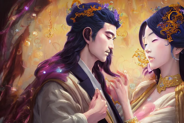 Image similar to a dreamlike portrait of wedding photograph close up moment of a divine a taiwan sun god and moon goddess lovers magician at a wedding banquet. portraiture. digital painting. artstation. concept art. fantasy wedding photo. digital painting, 8 k realistic, hyper detailed, by makoto shinkai and akihiko yoshida and hidari and wlop