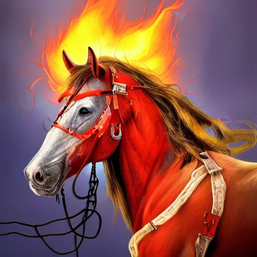 Prompt: cyborg horse with cowboy hat and fiery mane, post-apocalyptic background, portrait