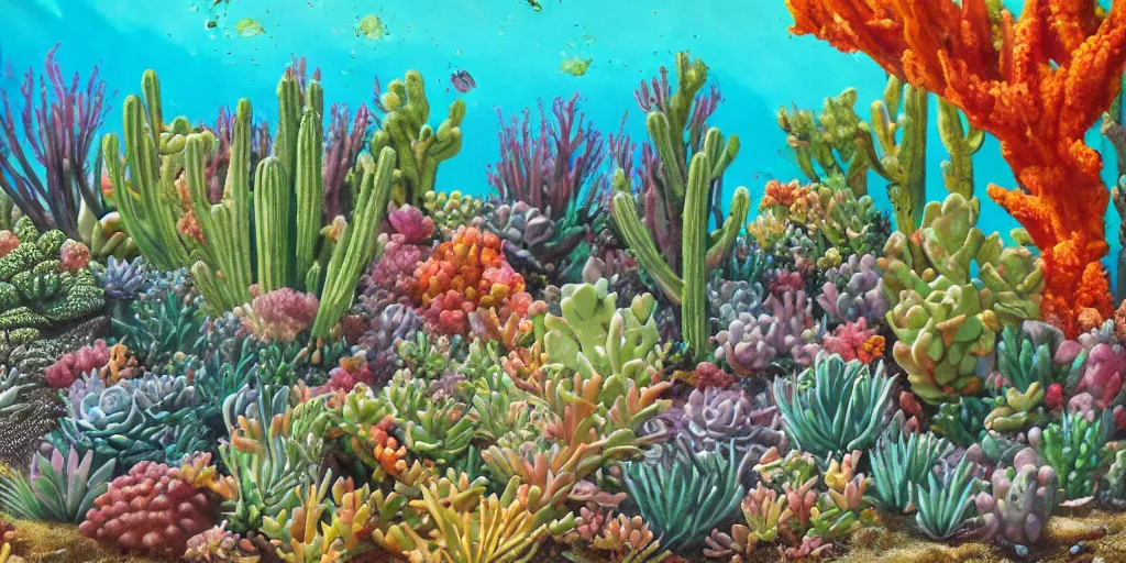 Prompt: a desert with a lot of succulents and exotic flowers, corals, underwater, super detailed acrylic painting, movie poster 7 0's