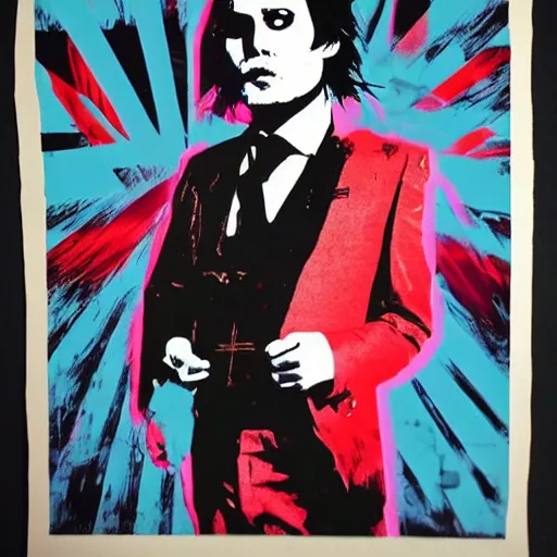 Image similar to johnny depp in a suit and tie with a creepy face, a screenprint by warhol, reddit contest winner, antipodeans, hellish, anaglyph filter, hellish background