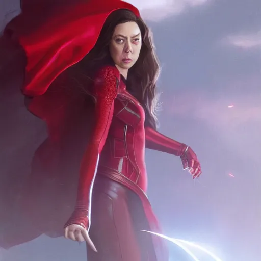 Image similar to aubrey plaza as scarlet witch by greg rutkowski, concept art, highly detailed, realistic, high fidelity, intricate, ornate, fine detail, 4k, octane render, trending on artstation