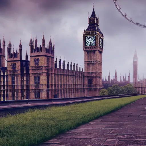 Prompt: overgrown london in ruins big ben in background, highly detailed, 4k, HDR, award-winning, octane render, artstation