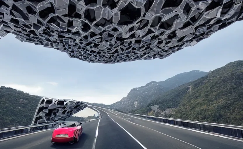 Image similar to futuristic car driving on elevated highway above a valley made of chrome tiles