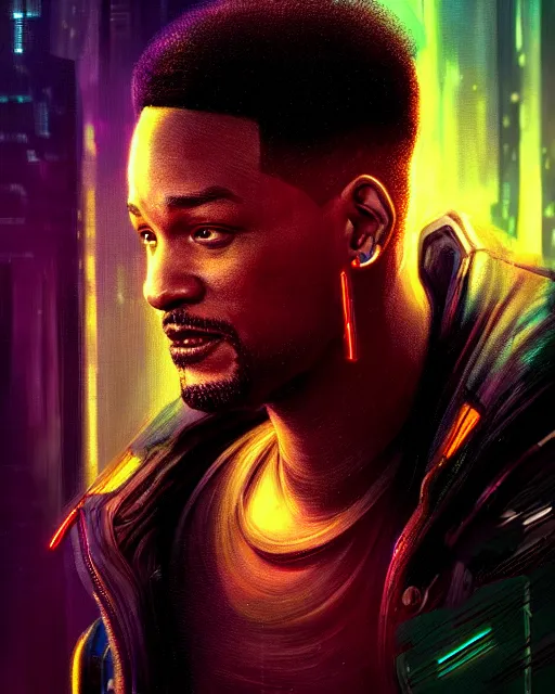 Image similar to portrait of cyberpunk will smith, grim - lighting, high - contrast, intricate, elegant, highly detailed, digital painting, artstation, concept art, smooth, sharp focus, illustration