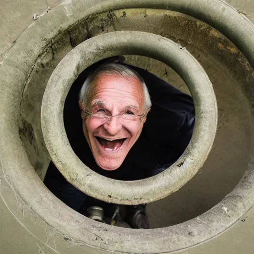 Prompt: a smiling old man in a sewage pipe