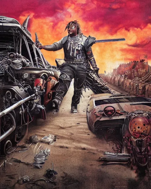 Image similar to juice wrld in dystopian raider mad max post apocalpytic, airbrush, drew struzan illustration art, key art, movie poster