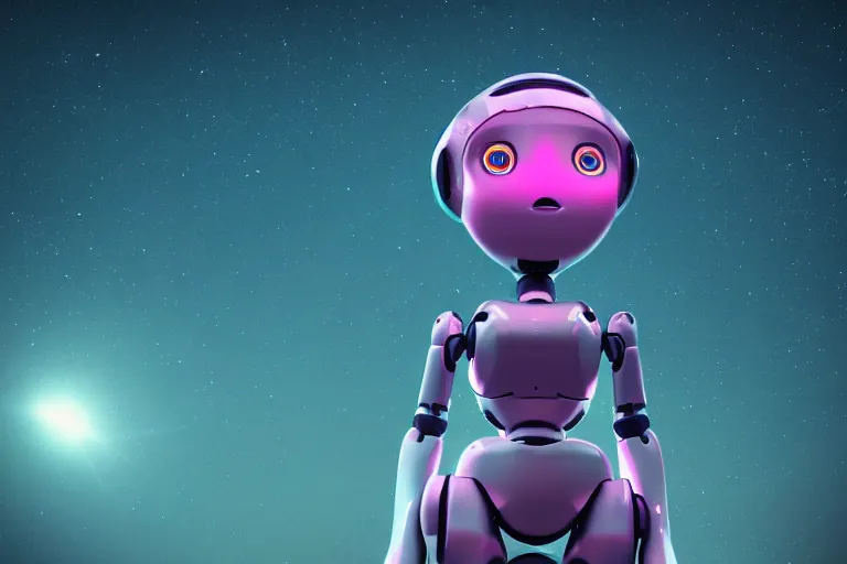 Image similar to a beautiful calm robot girl looking up to the stars, photograph, colorful background, render, 3 d, render, 8 k, 4 d,