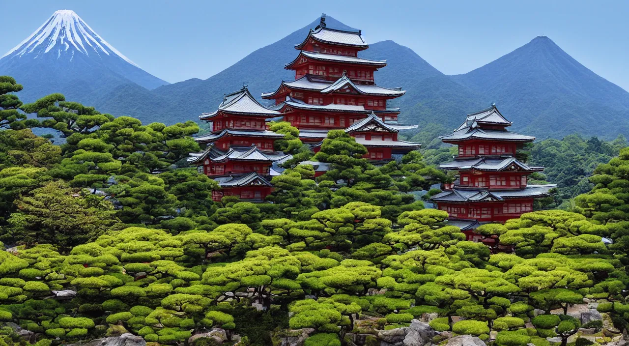 Prompt: a Japanese castle, with a garden as foreground, with mountains as background, by Studio Ghibli