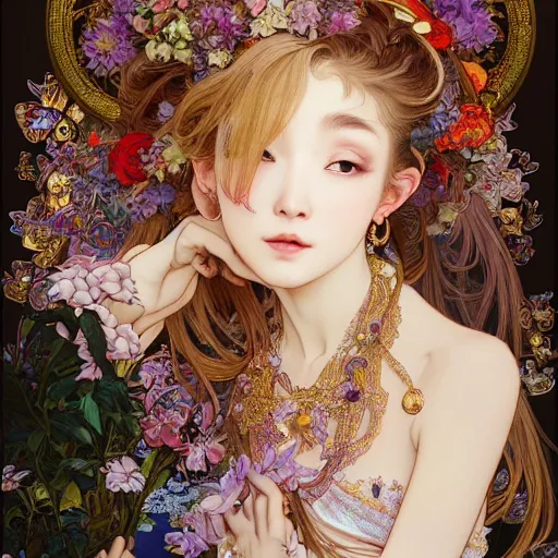 Prompt: a masterpiece ultrarealistic ultradetailed portrait of beautiful love, jewelry genius, witch girl on fruits street market baroque renaissance. medium shot, intricate, elegant, by stanley artgerm lau, wlop, alphonse mucha, rossdraws, andrei riabovitchev, yoshitaka amano. flower background my james jeand and takashi murakami.