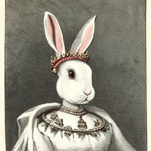 Image similar to a rabbit wearing a crown dressed as a queen, 19th century oil painting