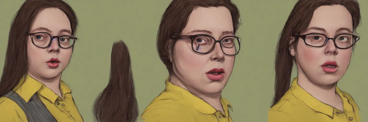 Prompt: female face character study of ugly young plus size todd solondz, clear sharp todd solondz face, wearing yellow floral blouse, glasses, character sheet, fine details, concept design, contrast, by charlie bowater, francis bacon and pixar, trending on artstation, 8 k, full body and head, turnaround, front view, back view, ultra wide angle