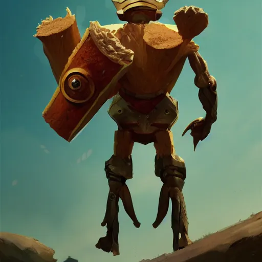 Prompt: a slice of toasted bread with arms and legs, holding a sword and shield, volumetric lighting, dynamic composition, fantasy, hyper detailed, ultra realistic, sharp focus, octane render, concept art by sachin teng and sergey kolesov and ruan jia and heng z