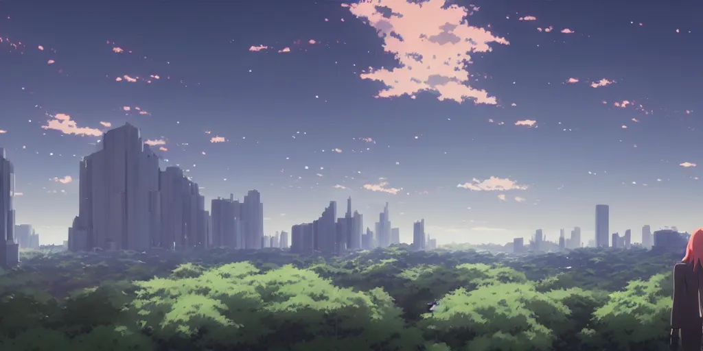 Prompt: realistic building, monster, wide landscape, eva, war, art by makoto shinkai