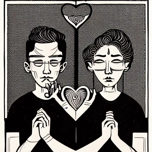 Prompt: perfectly centered symmetrical split male and female portrait of man and woman in love sharing one heart. illustration, highly detailed, simple, no jagged lines, smooth, artstation, wacom artwork by ravi zupa