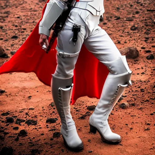 Image similar to a young female soldier wearing blood-spattered glossy sleek white dinged scuffed armor and a long torn red cape, heroic posture, determined expression, elegant, no helmet, on the surface of mars, dramatic lighting, cinematic, sci-fi, hyperrealistic, detailed