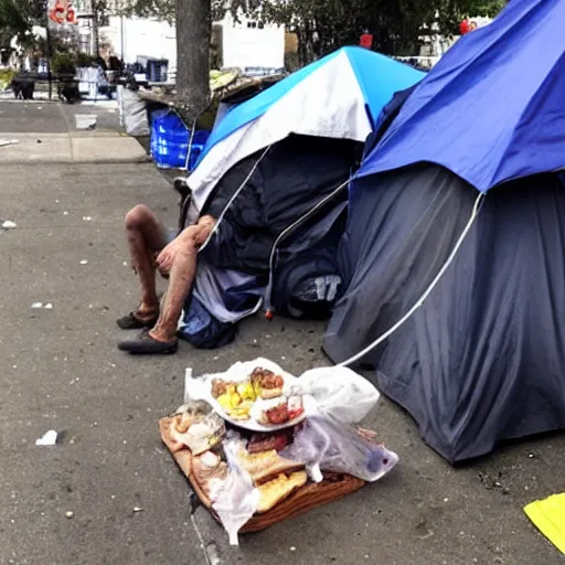 Prompt: Alex Jones homeless in a homeless camp receiving free food from liberals