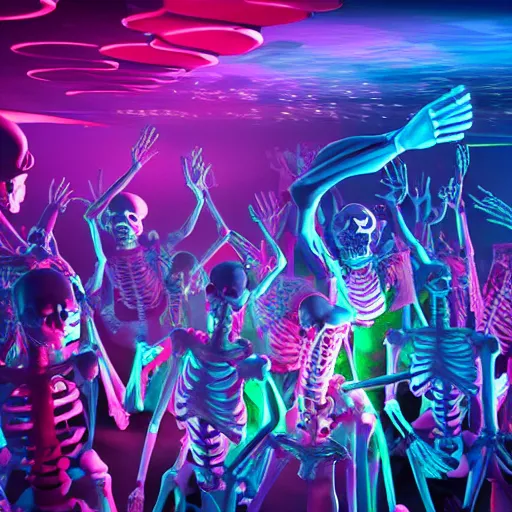 Prompt: photo, a giant crowd of realistic anatomically correct claymation skeletons dancing sensually and cool inside a colorful futuristic night club, colorful dramatic unique lighting