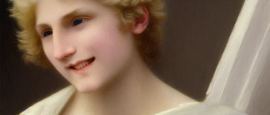 Image similar to A pale blond androgynous young man Lucius, fluffy light long blond curly hair. Gentle opal eyes. Smiling. Happy. Cheerful. Art by william adolphe bouguereau. Extremely detailed. Beautiful. 4K. Award winning.