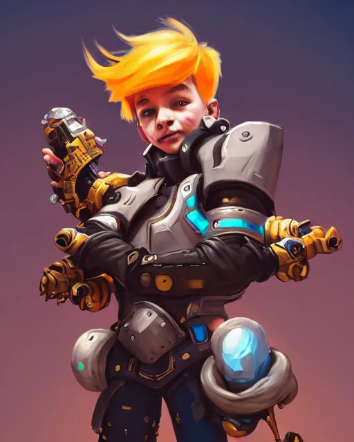 Prompt: a tiny punk kid with a massive gauntlet, smooth, intricate, elegant, digital painting, artstation, concept art, sharp focus, illustration, art by sam spratt and blizzard studios, overwatch character,