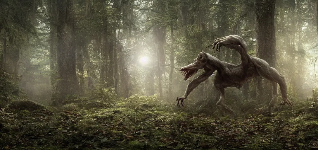 Image similar to A beautiful hyper realistic ultra detailed lifelike matte painting of a skinwalker transformation in a forest, unreal engine, deviantart, flickr, artstation, octane render, textured, colorful, extreme realistic detail, physically based rendering, pbr render, very detailed, volumetric lighting, detailed lighting, octane render, 4k, cinematic lighting, 8k resolution