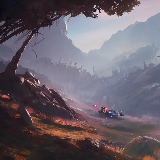 Image similar to pacing mecha through valley, artstation, matte painting, masterpiece