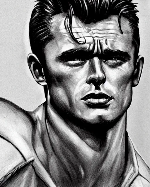 Prompt: james dean as the incredible hulk, portrait profile head and shoulders focus. muscular, gaunt, strong, strikung, handsome detailed, chiseled. fantasy illustration, comic book concept art, dynamic lighting, ultra detailed!