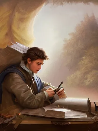 Prompt: a young handsome man, writing a poem. intricate, elegant, highly detailed, digital painting, artstation, concept art, sharp focus, illustration, by justin gerard and artgerm, 8 k