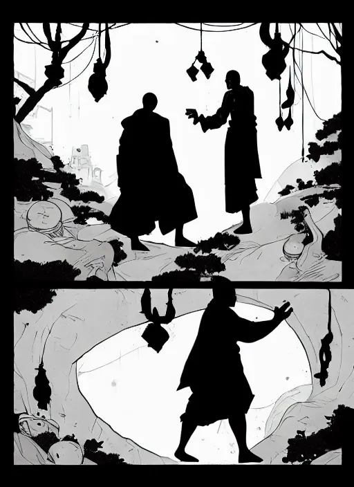 Prompt: Monk guiding a Lost Soul through Limbo, in the Style of Tomer Hanuka and Mike Mignola, trending on artstation