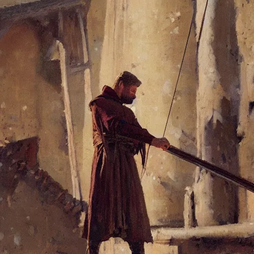 Prompt: portrait of man in medieval clothes aiming a bow by craig mullins, greg manchess, bernie fuchs, walter everett, lost edges
