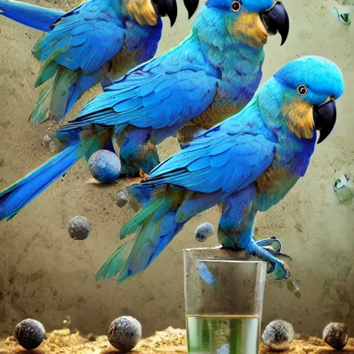 Image similar to blue parrots emerging from fluids mixing, atmospheric liquids, ornate intricate, hyper realistic, 16k, post processing, saturated blue colors, nature background