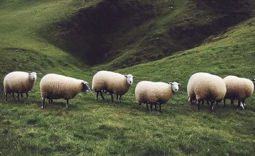 Image similar to “sheep, following other sheep, jumping off a cliff”