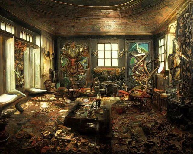 Image similar to a painting of a confusing maximalistic room, an airbrush painting by breyten breytenbach, striking lighting, cgsociety!, neo - primitivism