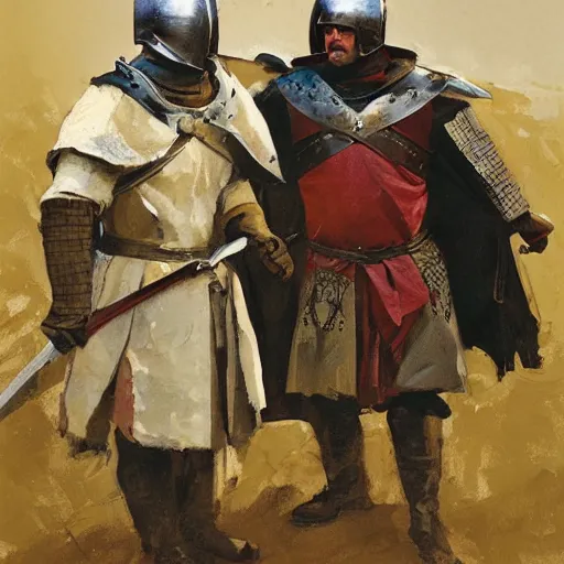 Image similar to portrait of two men wearing gambeson and medieval helmets, raised swords, fighting, detailed by greg manchess, craig mullins, bernie fuchs, walter everett