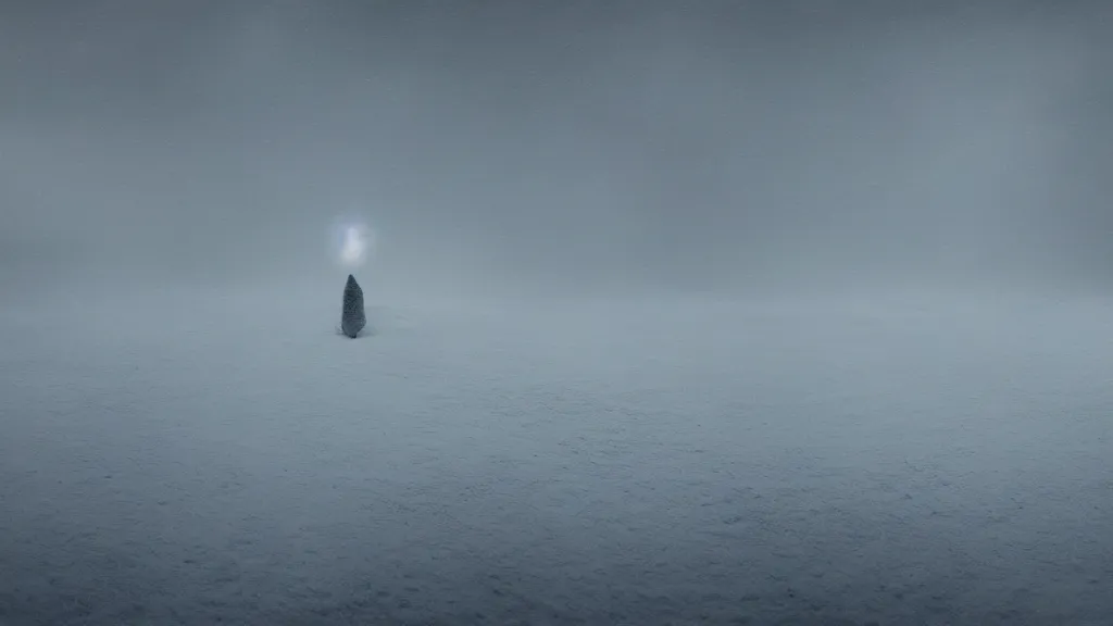 Prompt: a surreal dreamlike scene of a lone ghostly spirit wisp floating in vast barren snowy landscape, somber melancholic matte painting, highly detailed oil painting, liminal space, 8k, stillness, solitude, icy cold pale silent atmosphere, masterpiece