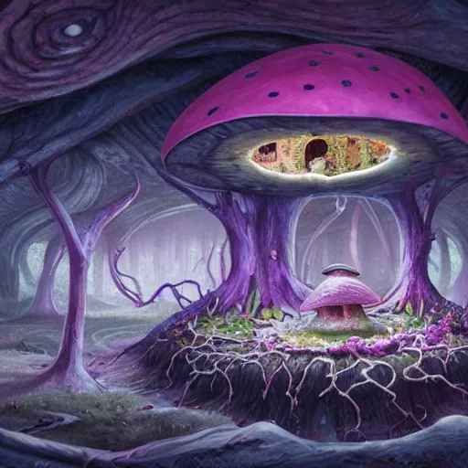 Image similar to concept art painting of a interior of a circular alien fairytale fantasy fungus house inside of a mushroom, with black vines, realistic, detailed, cel shaded, magenta and gray, dark, in the style of makoto shinkai and greg rutkowski and james gurney