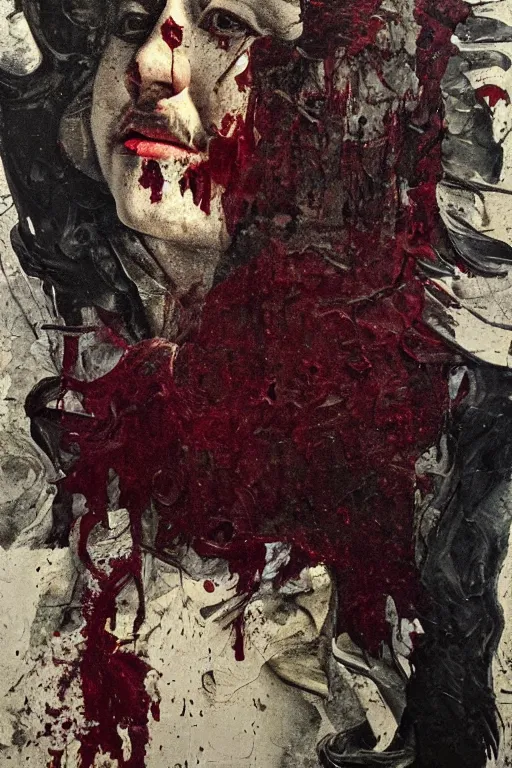 Image similar to portrait of medici melting, paint drips, burgundy oil dripping down, by Caravaggio, Lucian Freud texture painting, Renaissance, John Singer Sargant, glitch, Cy Twobmly writing and drawing all over the place