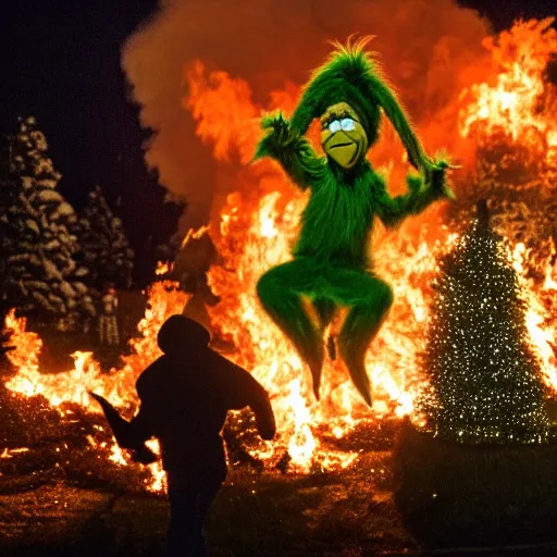 Prompt: the grinch manically laughing while an 80 ft Christmas tree burns in the background