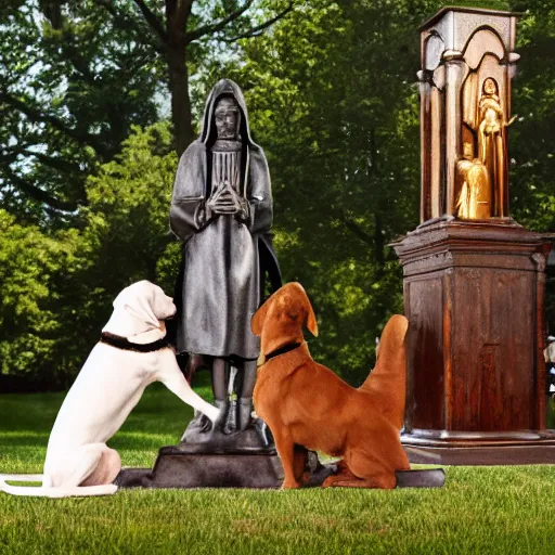 Prompt: , detailed conceptual photography dogs pray in front of statue of saint mary