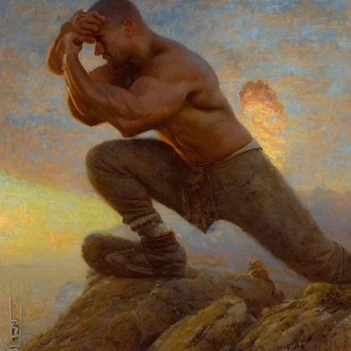 Prompt: Gaston Bussiere painting of tired and battered Dwayne The Rock Johnson looking up and observing the first rays of sunlight during dawnbreak, dramatic painting, dark, scary, hopeful