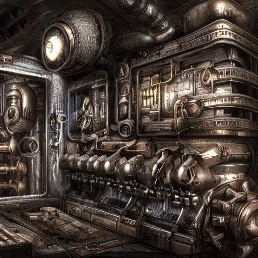 Image similar to Steam computer in ancient time surrounded by apes, highly detailed, highly realistic, artstation, by Hans Giger