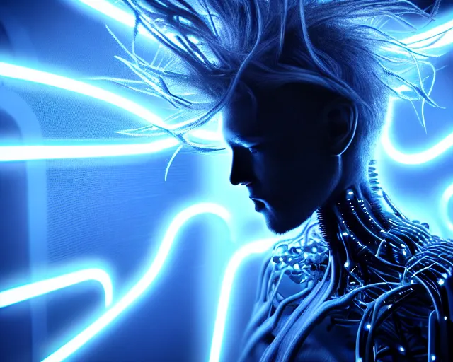 Image similar to glowing hair, complex cybernetic beings, beautiful hairy humanoids, cybermagnetosphere, cybernetic civilizations, ornate hair, love, joy, vortexes, large arrays, data holograms, 8 k, cinematic light shadows, wet hdr refractions, *, * * *, * * * * *