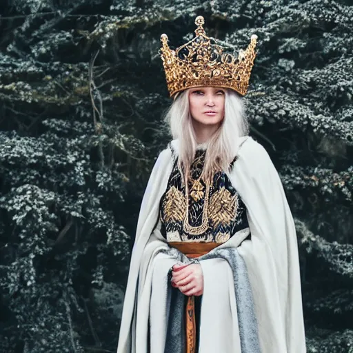 Prompt: photo of a real-life beautiful nordic queen with ornate cloak and crown