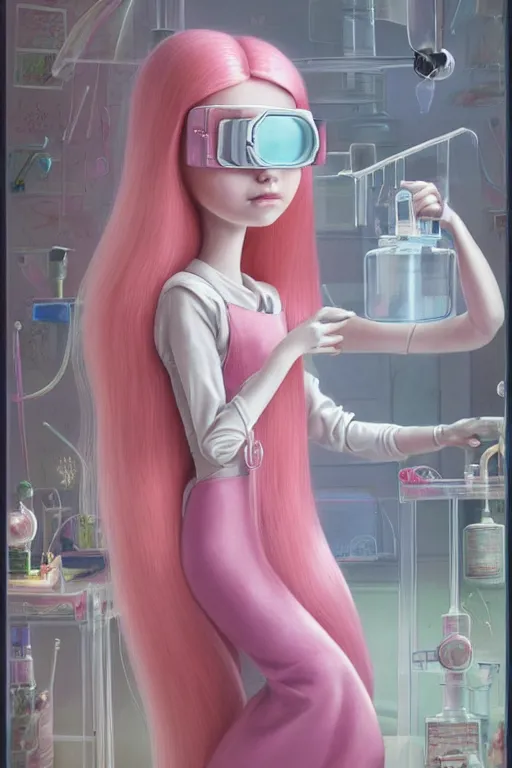 Prompt: highly detailed, profile portrait of a extremely beautiful, young adult, princess bubblegum from adventure time, experimenting in her science lab, wearing lab coat & saftey goggles, long bubblegum hair with long straight bangs, illustration concept art by nicoletta ceccoli, mark ryden, lostfish, detailed and intricate environment, 8 k resolution, hyperrealistic, 3 d octane render