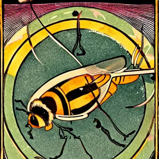 Prompt: a fierce dead bee in the middle of a bloody bullseye at the center of the crosshairs of a gun, art nouveau, fantasy illustration, tarot