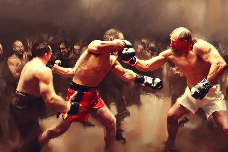 Image similar to jesus christ vs vladimir putinboxing, fighters, fist fight, detailed faces, putin face, in battle by anders zorn, wonderful, masterpiece by greg rutkowski, beautiful cinematic light, by greg manchess, jessica rossier