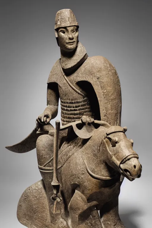 Image similar to medieval Norman, circa 1200, photo of stone carved statue, of a night in armor riding a dinosaur, romanesque style, in a museum room