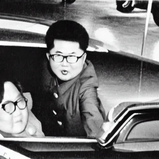 Image similar to 1960s press archive of middle-aged Kim Jong-il coming out of a car, starfish-monster arm crushing car, underexposed, kaiju-eiga by Ishirō Honda