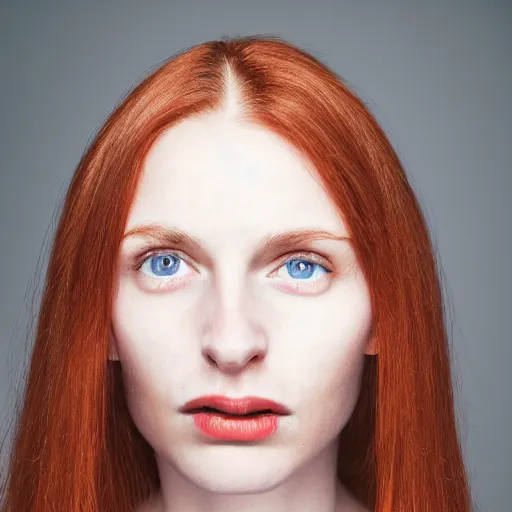 Prompt: face portrait, white woman, 22 years old, thin, center parting straight red hair, snub nose, small lips, studio photography by Annie Leibovitz, f/8